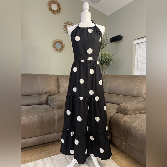 SEXY New Black & White Polka Dot Halter Maxi Dress Sz L Large - Picture 3 of 10